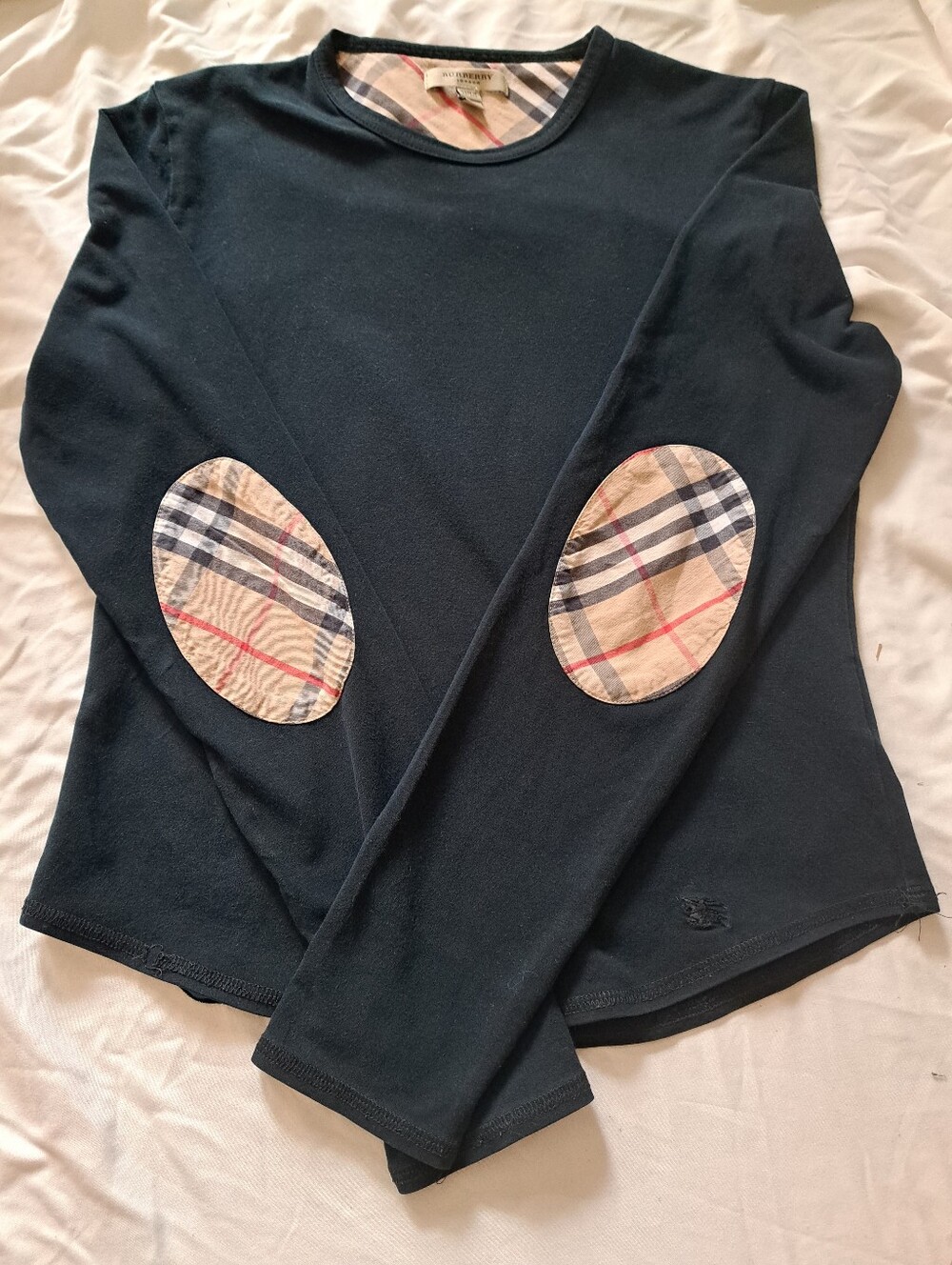 Burberry Navy Long Sleeve Top with Beige Plaid Elbow Patches
